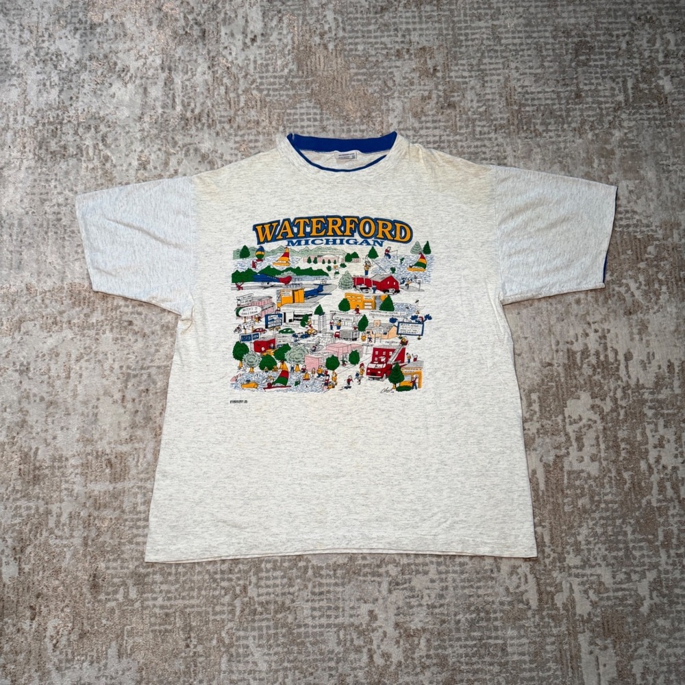 Vintage 1992 Tee Jays Waterford Michigan Graphic Print Tourist Cozy T-Shirt